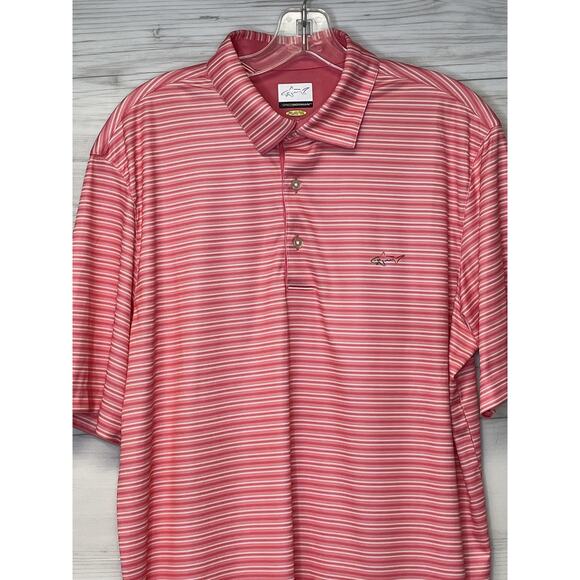 Greg Norman Polo Shirt Mens Large Pink White Striped PlayDry Golf Performance - Picture 2 of 10